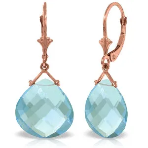 14K Solid Rose Gold Leverback Earrings Checkerboard Cut Blue Topaz