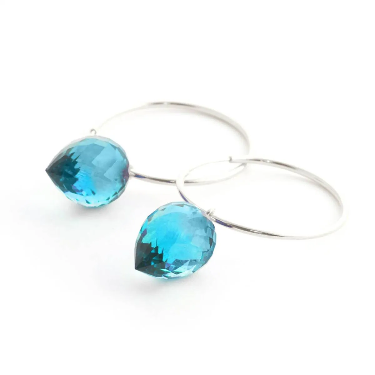 14K Solid White Gold Hoop Earrings w/ Pointy Briolette Drop Blue Topaz