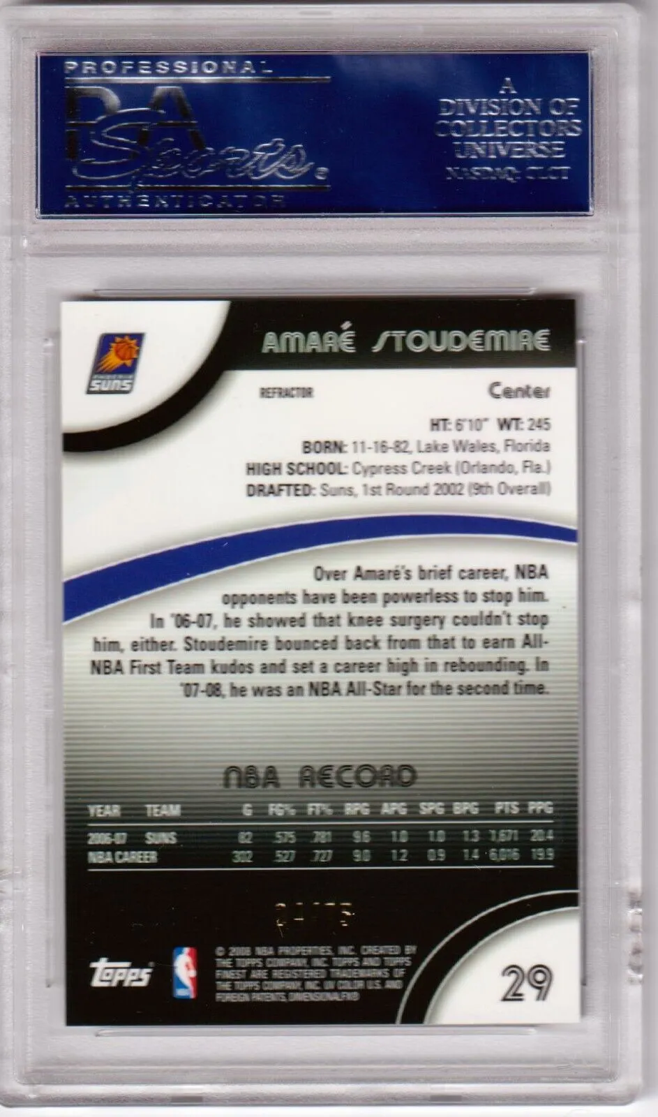 AMARE STOUDEMIRE 2007-08 Finest Black Refractor #/75 PSA 10 GEM MINT SUNS POP 1