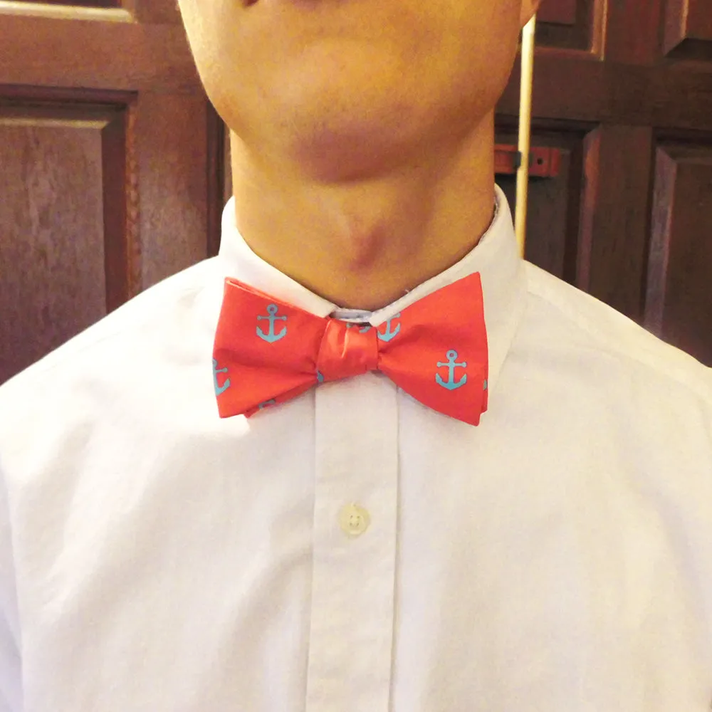 Anchor Bow Tie - Light Blue on Coral, Printed Silk