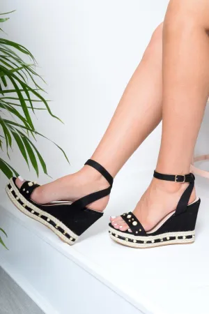 Black Faux Suede Embellished Wedges - Kellie