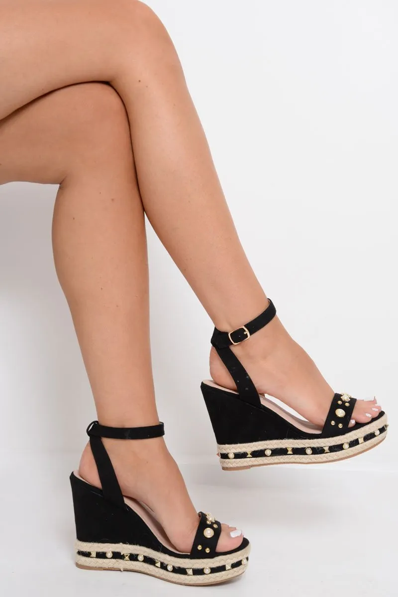 Black Faux Suede Embellished Wedges - Kellie