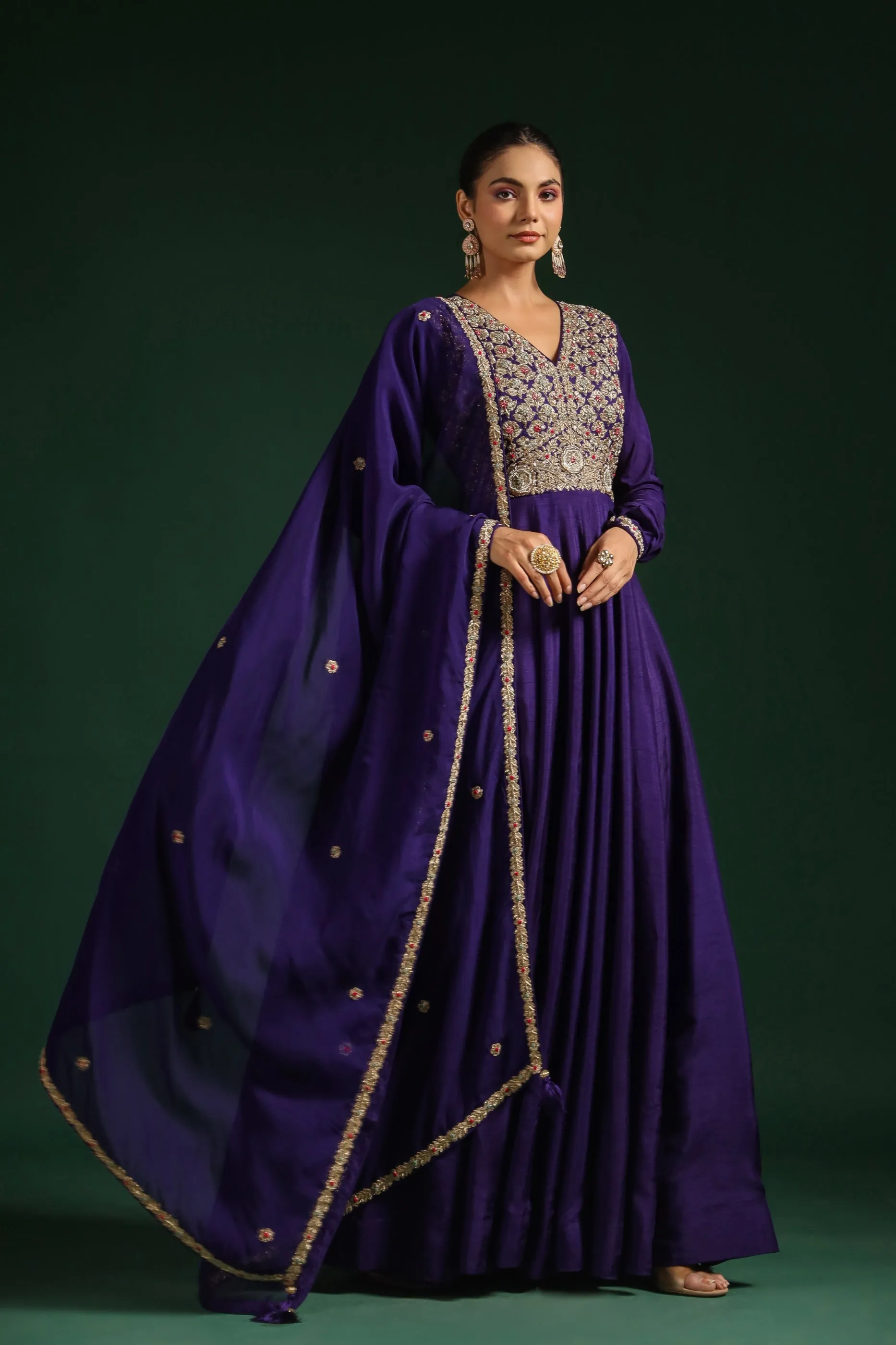 Blue Embellished Raw Silk Anarkali Set