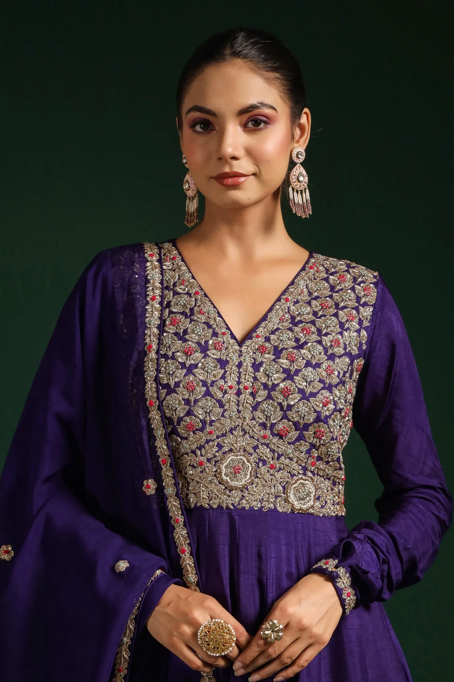 Blue Embellished Raw Silk Anarkali Set