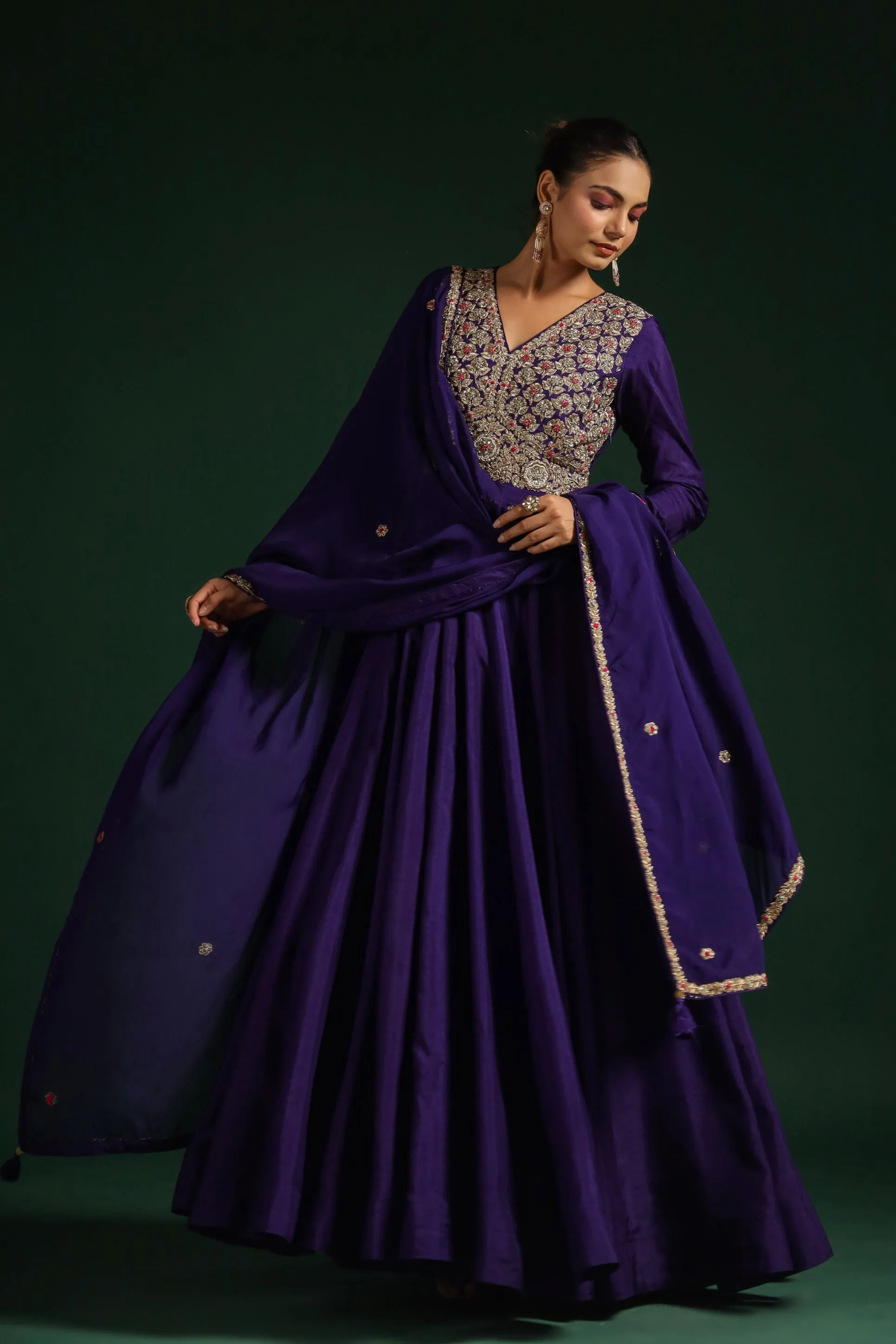 Blue Embellished Raw Silk Anarkali Set