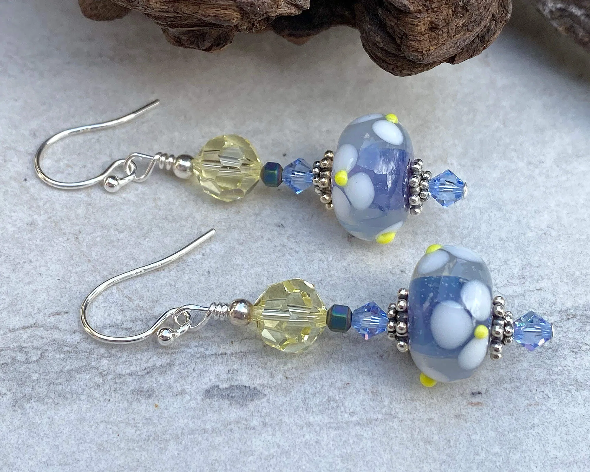 Blue Floral Crystal Lampwork Earrings