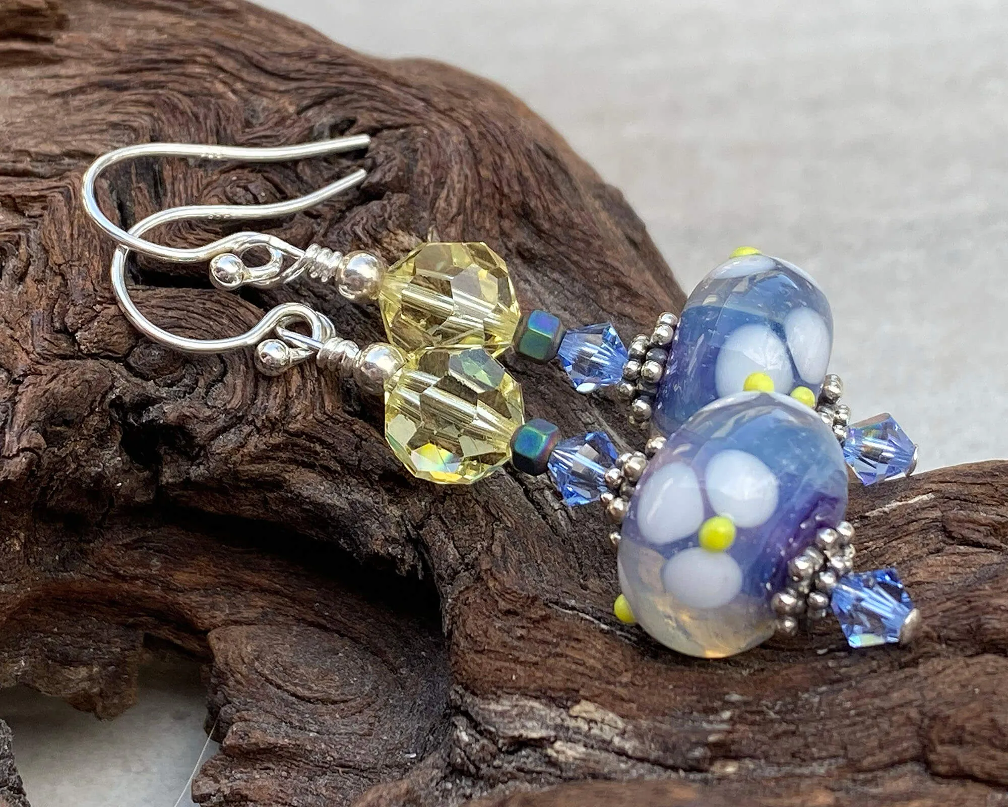 Blue Floral Crystal Lampwork Earrings