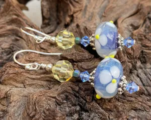 Blue Floral Crystal Lampwork Earrings