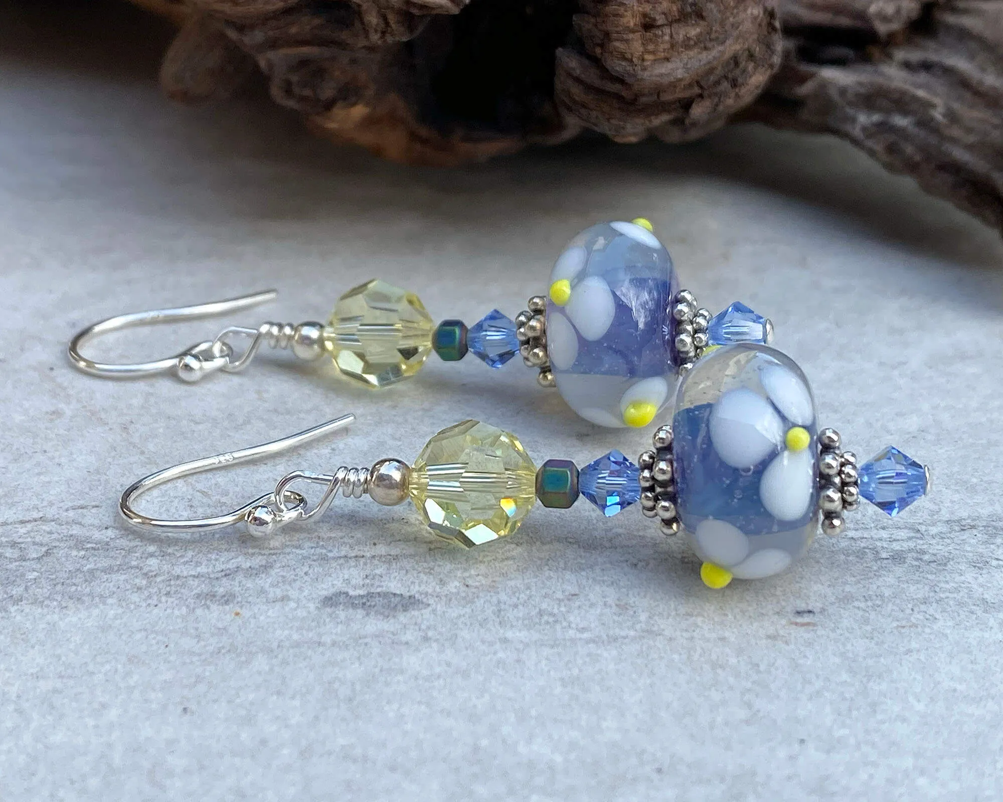 Blue Floral Crystal Lampwork Earrings