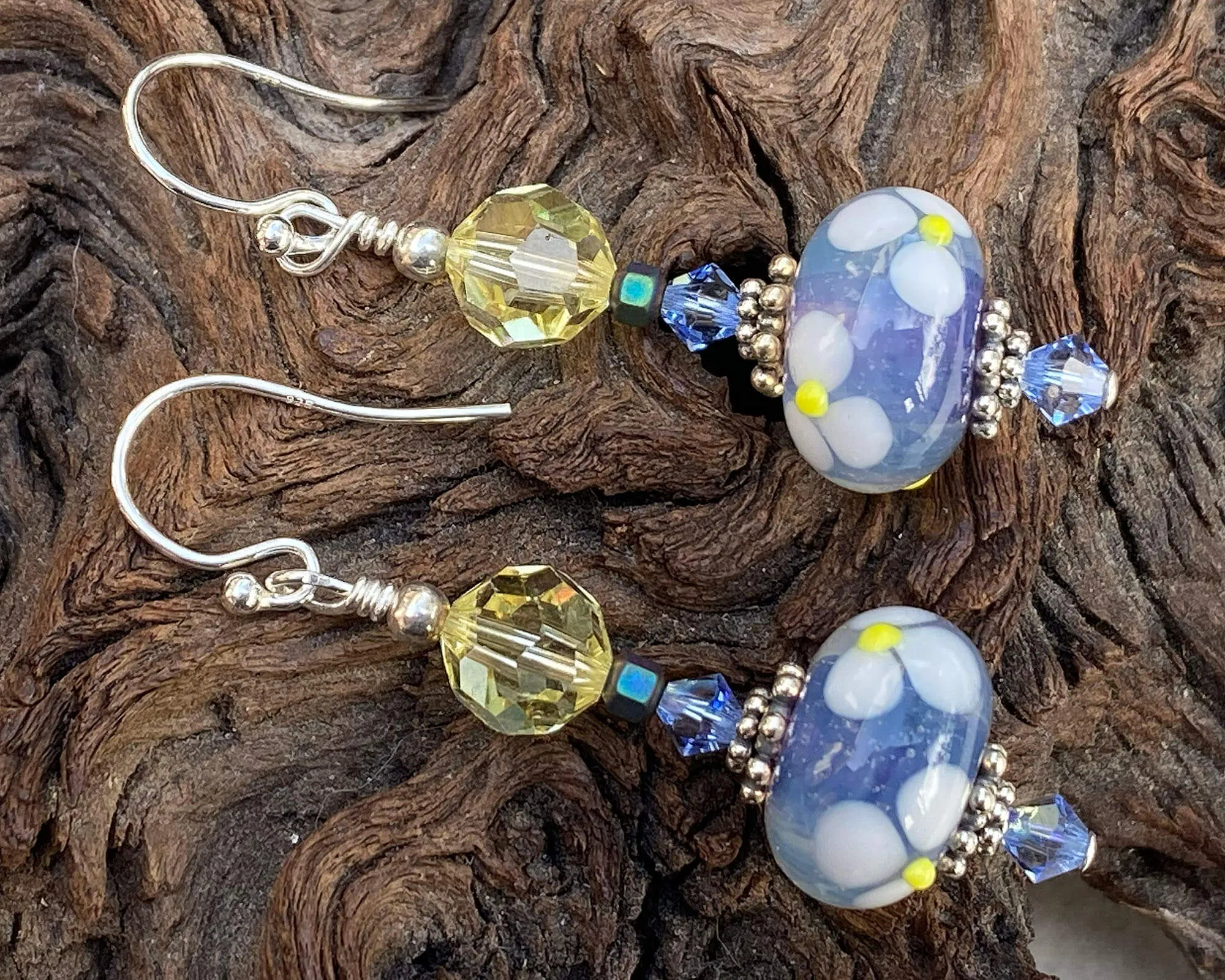 Blue Floral Crystal Lampwork Earrings