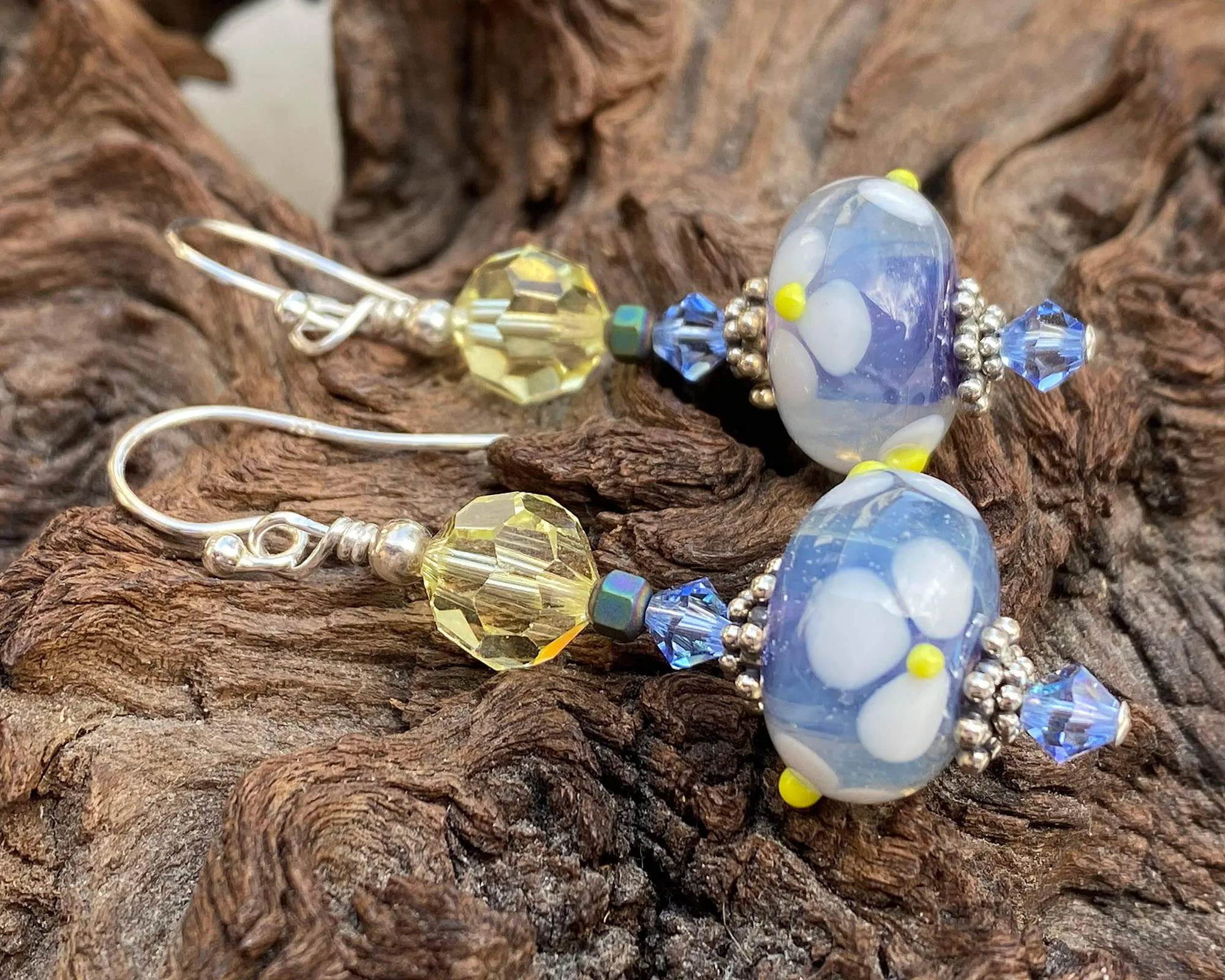 Blue Floral Crystal Lampwork Earrings