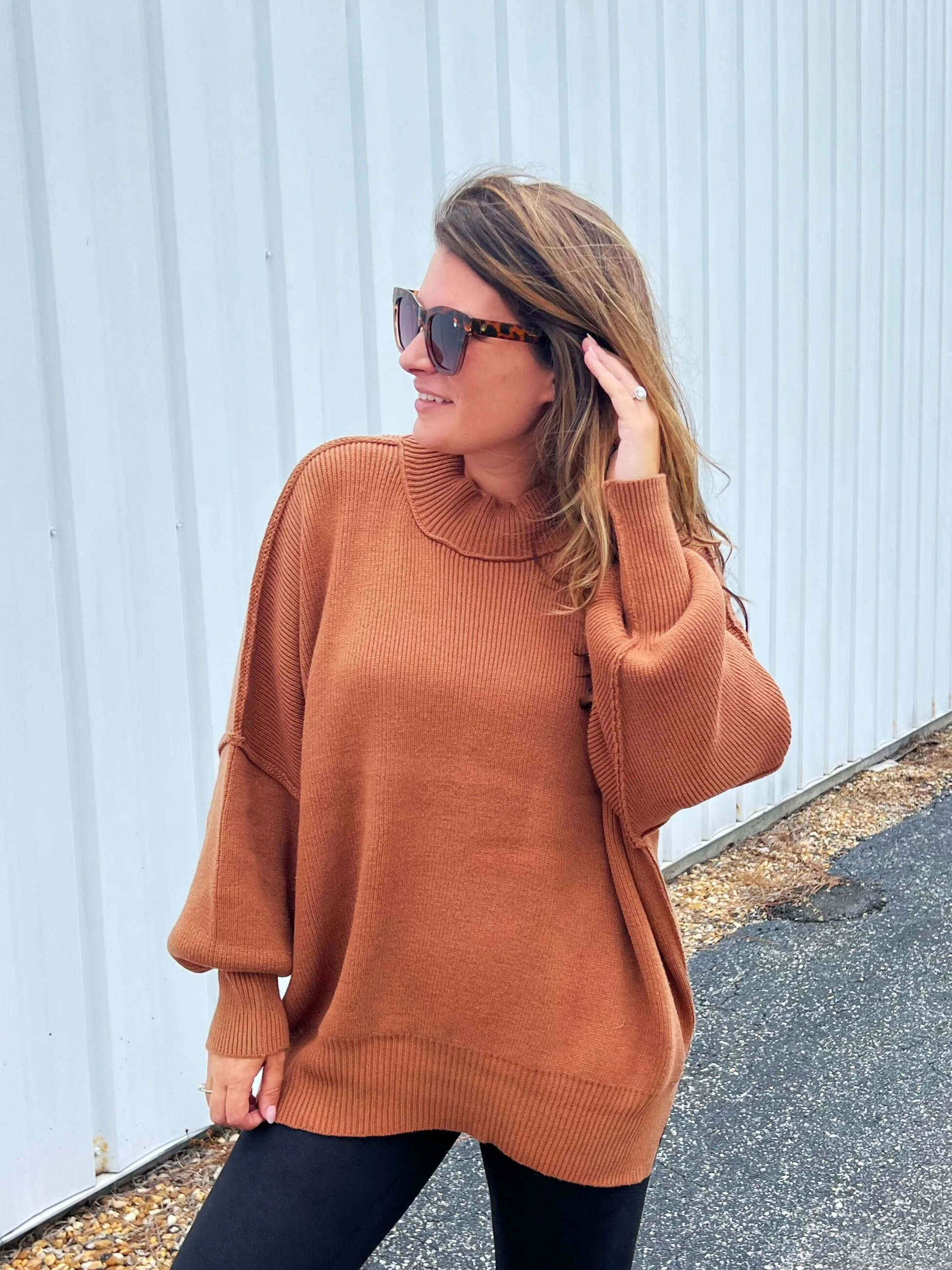 Boyfriend Mock Neck Sweater by Zenana - Deep Camel (Ships in 2-3 Weeks)