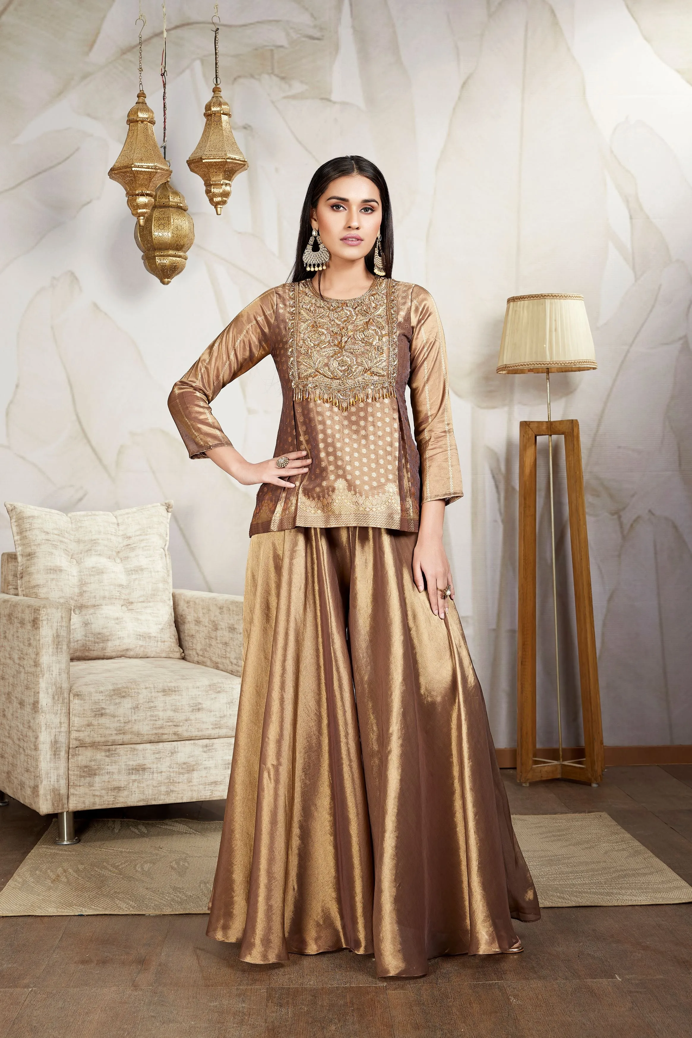 Bronze Embellished Premium Brocade Silk Palazzo Set