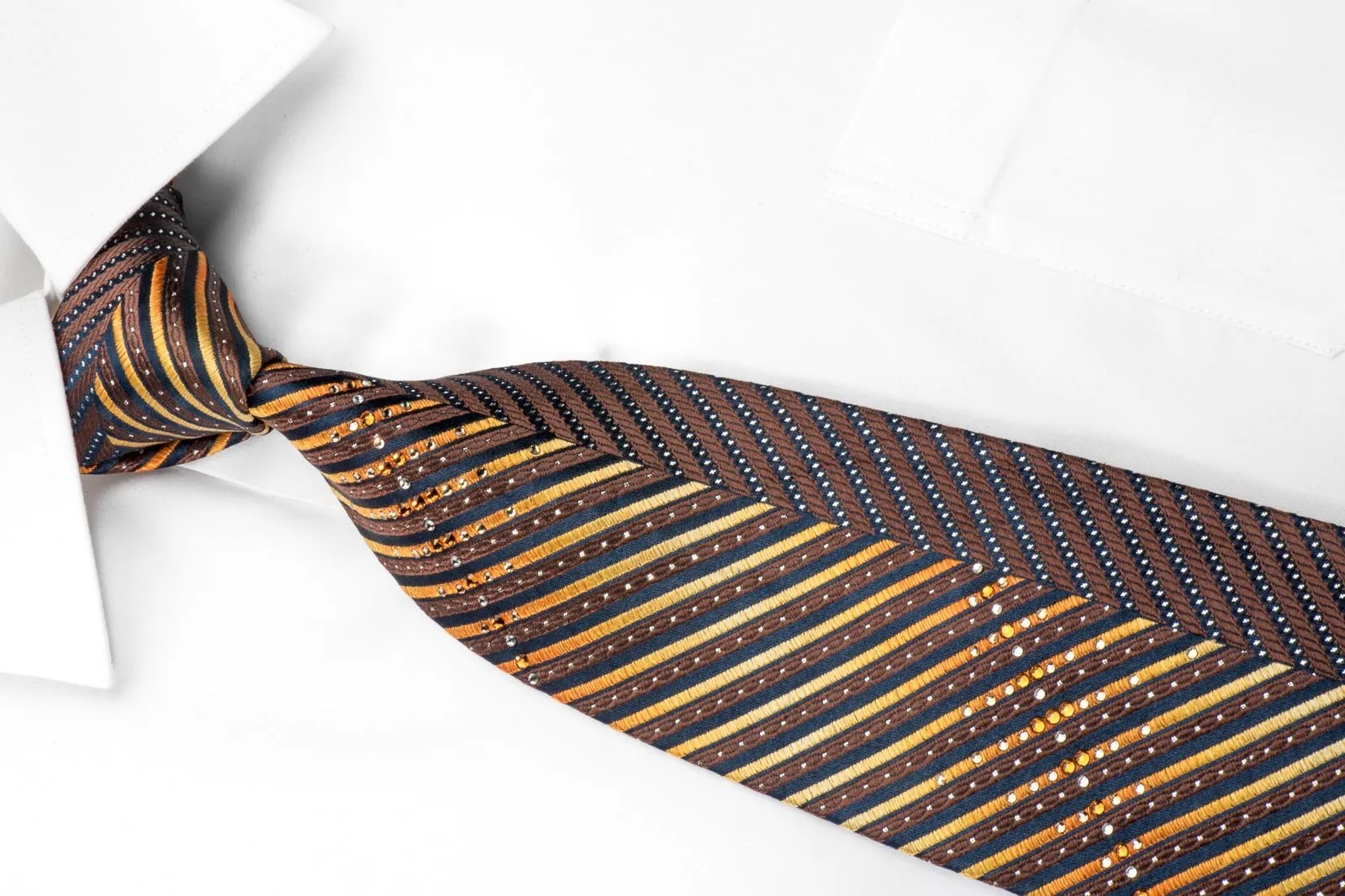 Charles Jourdan Men's Silk Rhinestone Tie Orange Striped On Brown With Silver Sparkles