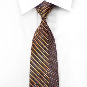 Charles Jourdan Men's Silk Rhinestone Tie Orange Striped On Brown With Silver Sparkles