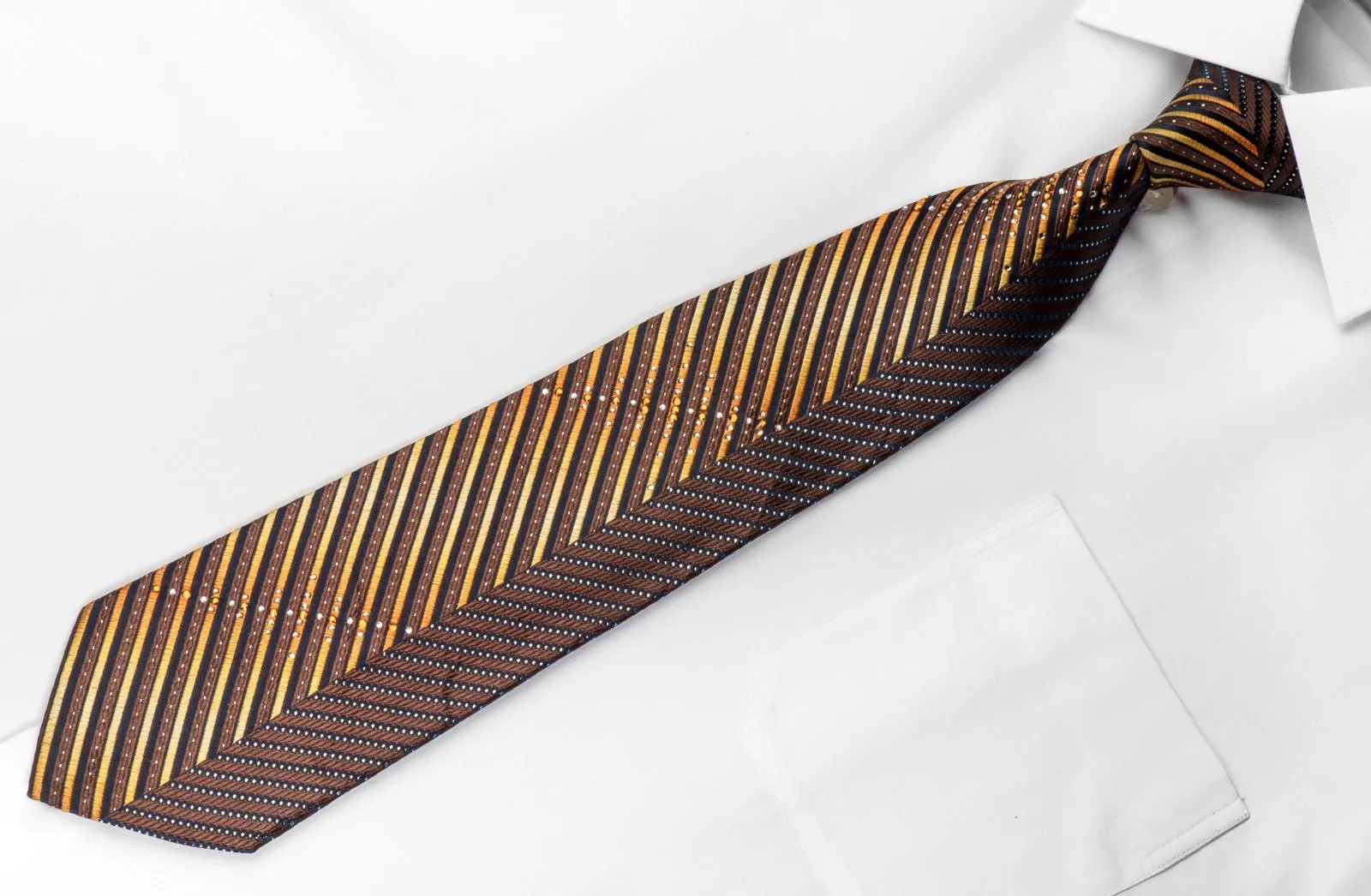 Charles Jourdan Men's Silk Rhinestone Tie Orange Striped On Brown With Silver Sparkles