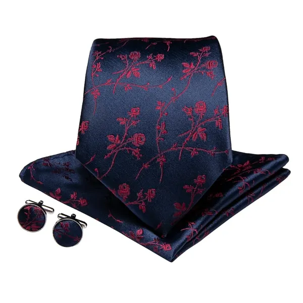 Classy Men Navy Blue Red Rose Silk Tie