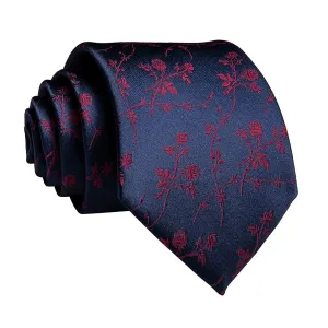 Classy Men Navy Blue Red Rose Silk Tie