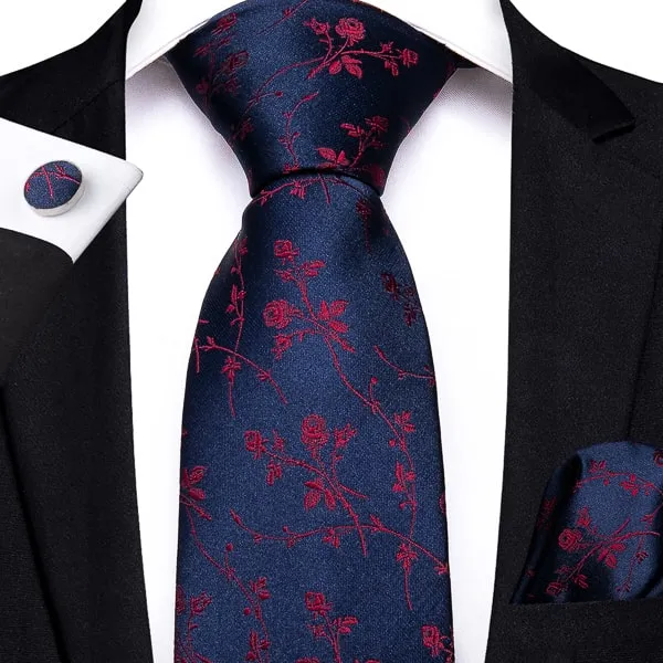 Classy Men Navy Blue Red Rose Silk Tie