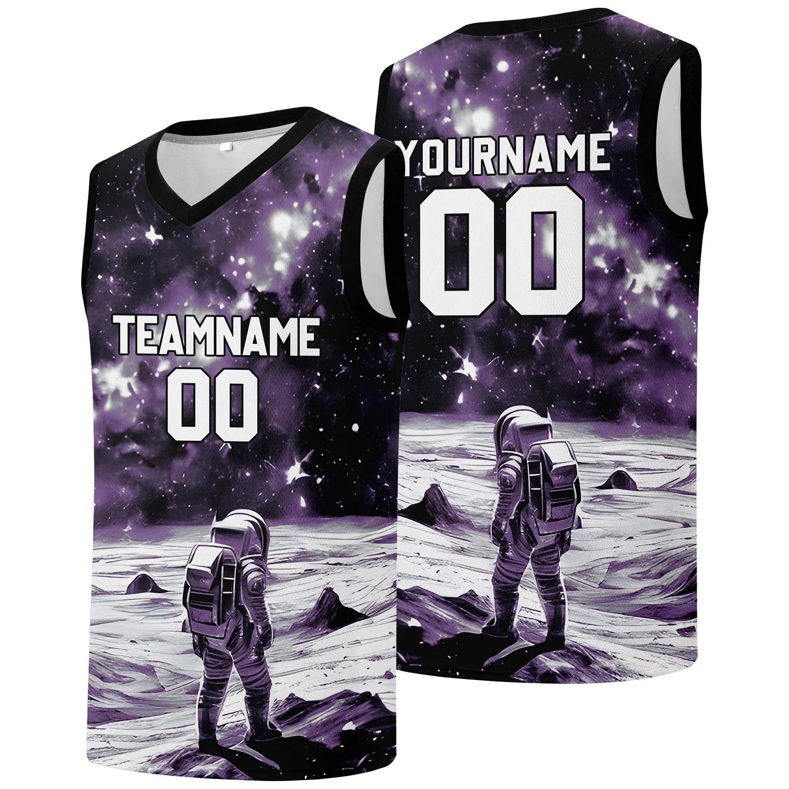 Custom basketball jersey for men and women. Stitched and printed name, number and logo Black&Purple