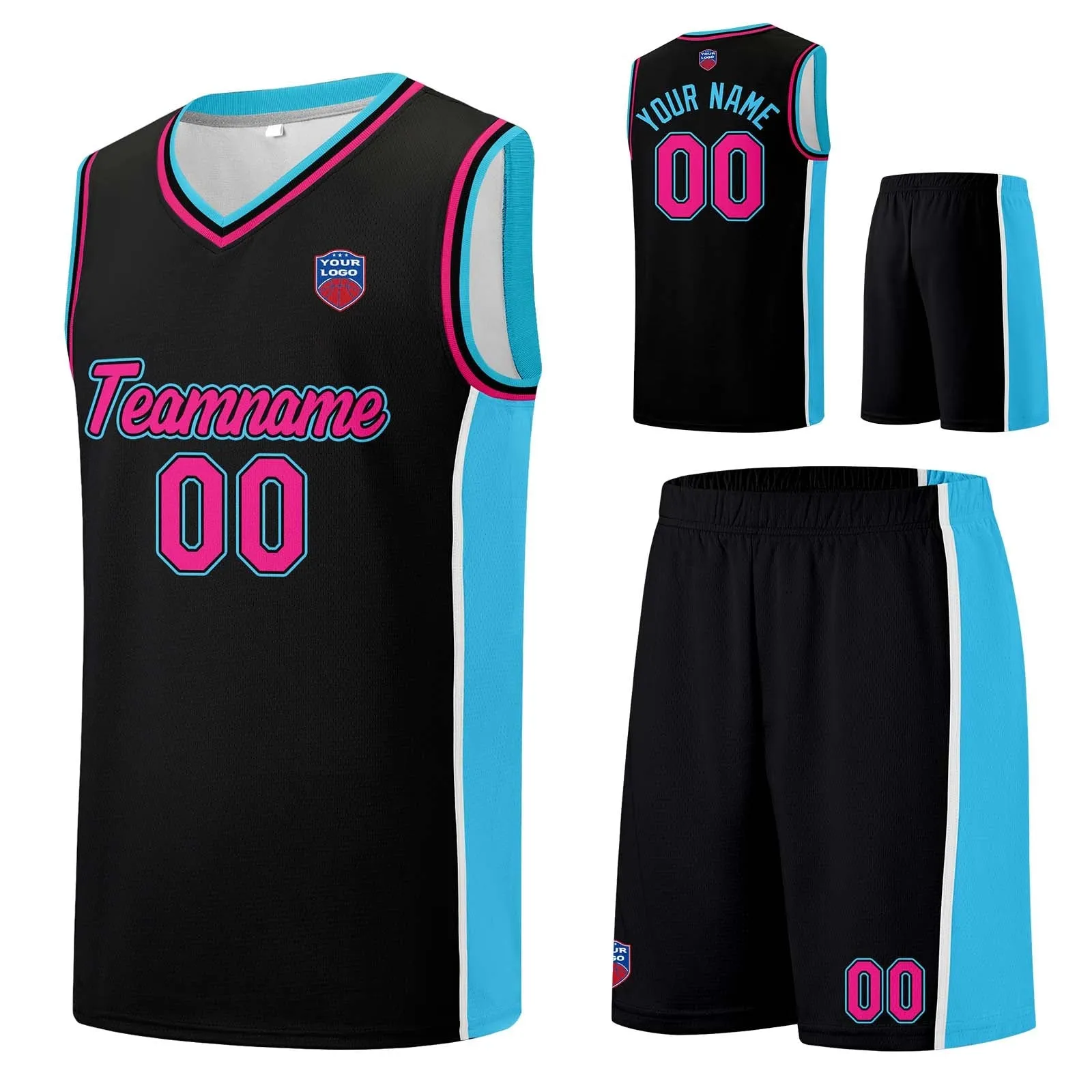 Custom basketball jersey shorts for men and women. Embroidered and printed name, number and logo Black&Light Blue