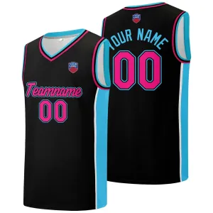 Custom basketball jersey shorts for men and women. Embroidered and printed name, number and logo Black&Light Blue