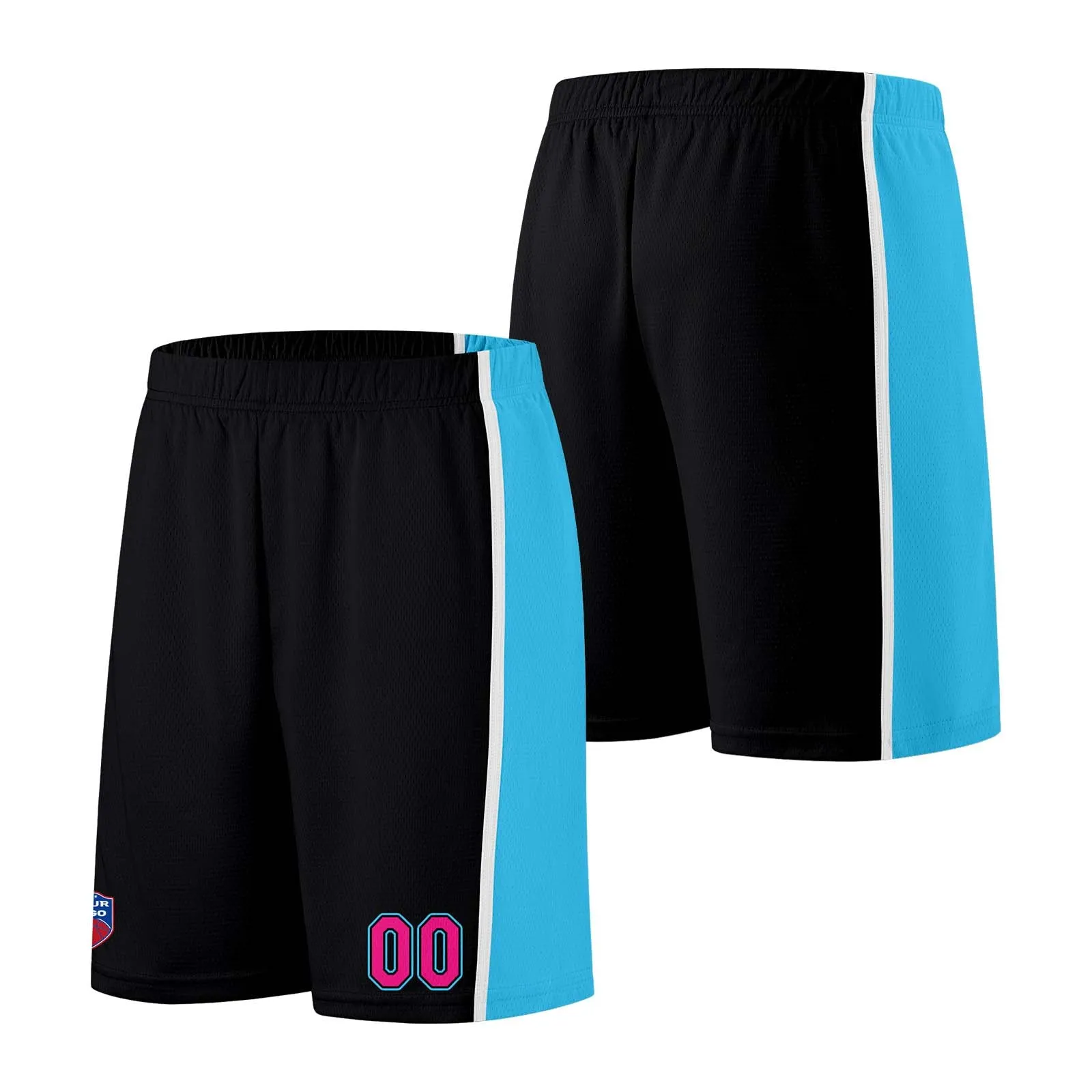 Custom basketball jersey shorts for men and women. Embroidered and printed name, number and logo Black&Light Blue