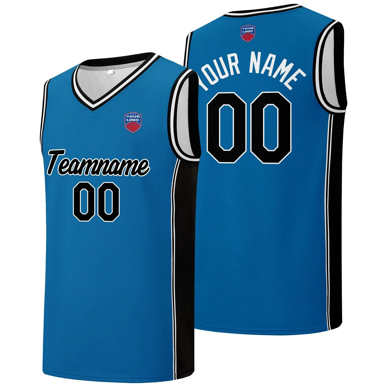 Custom basketball jersey shorts for men and women. Embroidered and printed name, number and logo Blue&Black