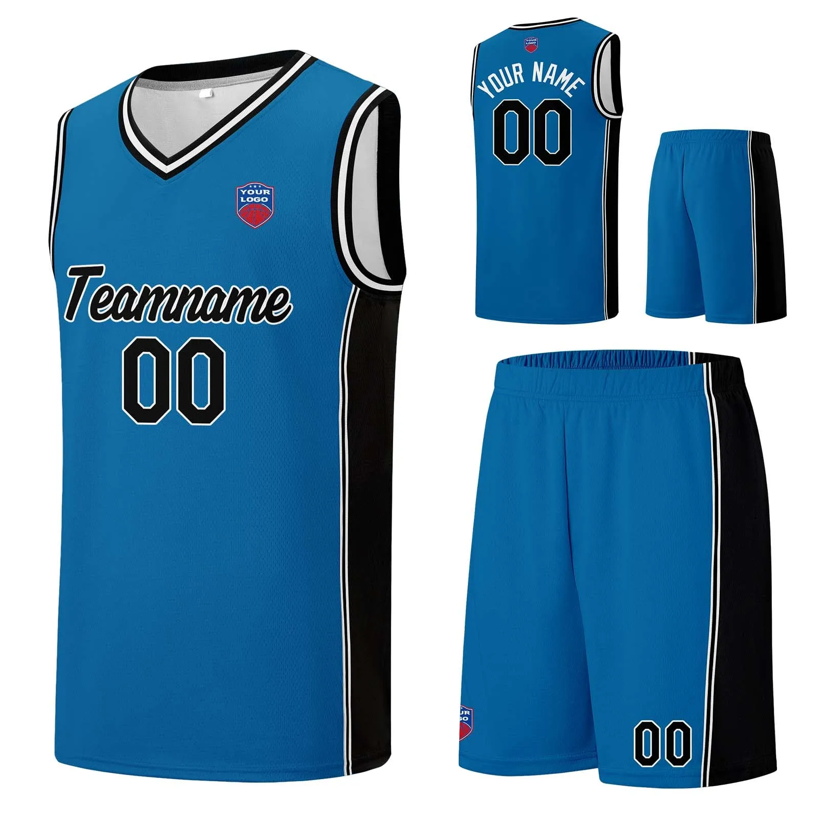 Custom basketball jersey shorts for men and women. Embroidered and printed name, number and logo Blue&Black