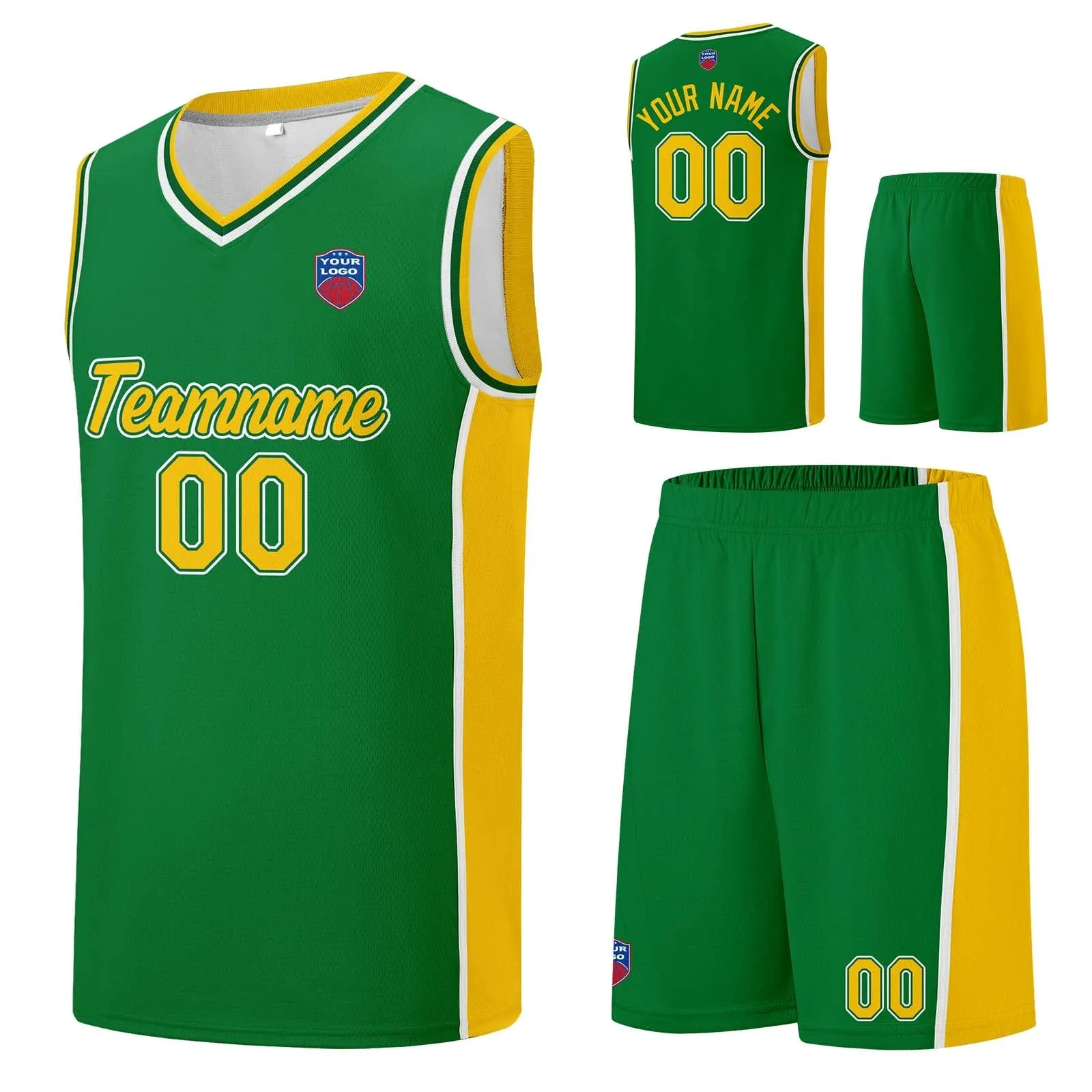 Custom basketball jersey shorts for men and women. Embroidered and printed name, number and logo Green&Yellow