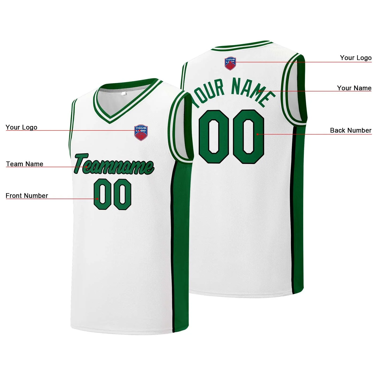 Custom basketball jersey shorts for men and women. Embroidered and printed name, number and logo White&Green