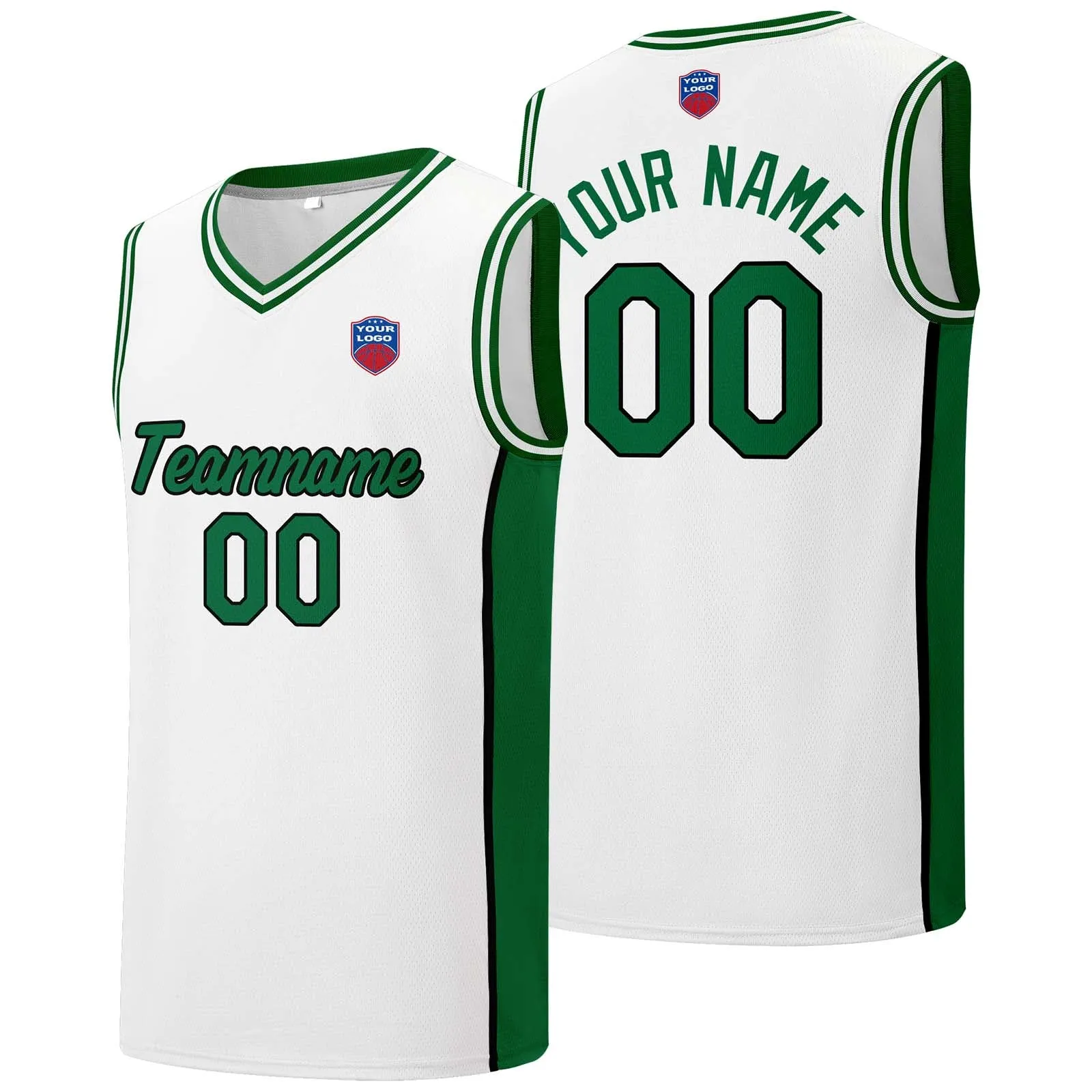 Custom basketball jersey shorts for men and women. Embroidered and printed name, number and logo White&Green