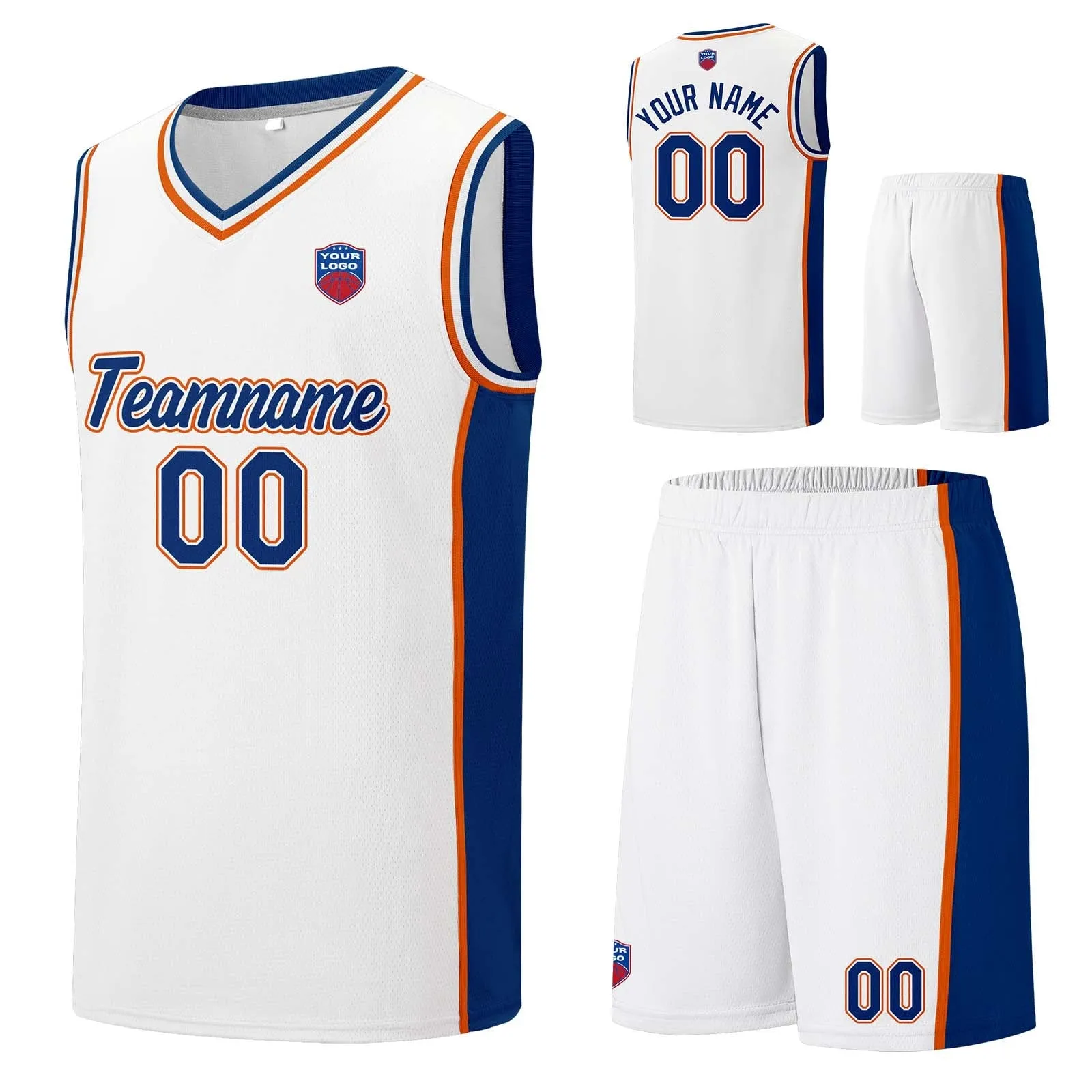 Custom basketball jersey shorts for men and women. Embroidered and printed name, number and logo White&Royal&Orange