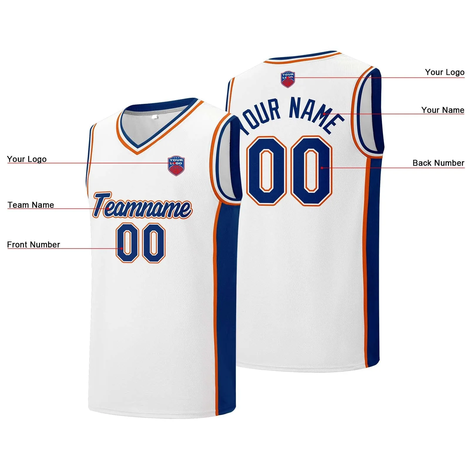 Custom basketball jersey shorts for men and women. Embroidered and printed name, number and logo White&Royal&Orange