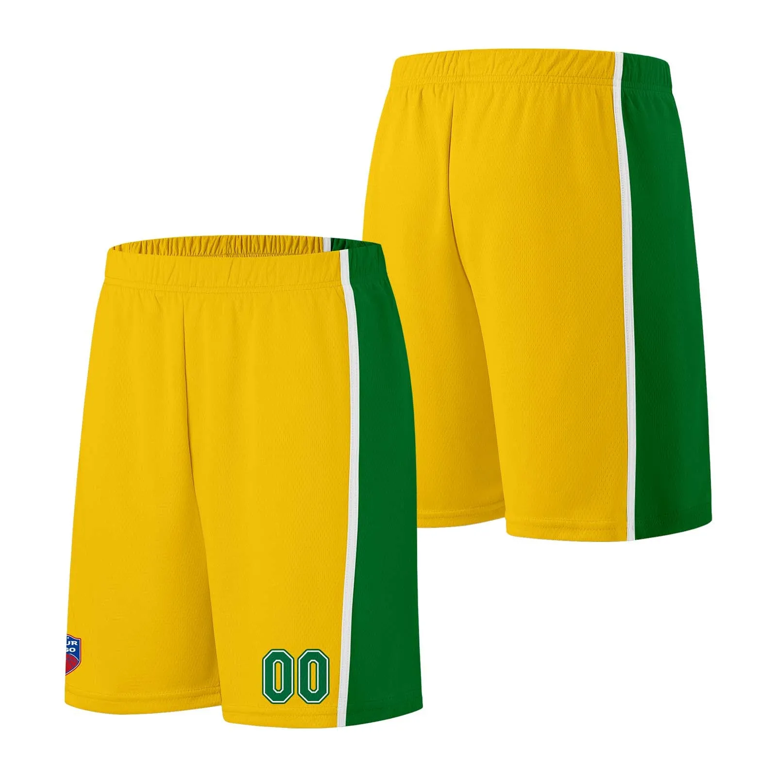 Custom basketball jersey shorts for men and women. Embroidered and printed name, number and logo Yellow&Green