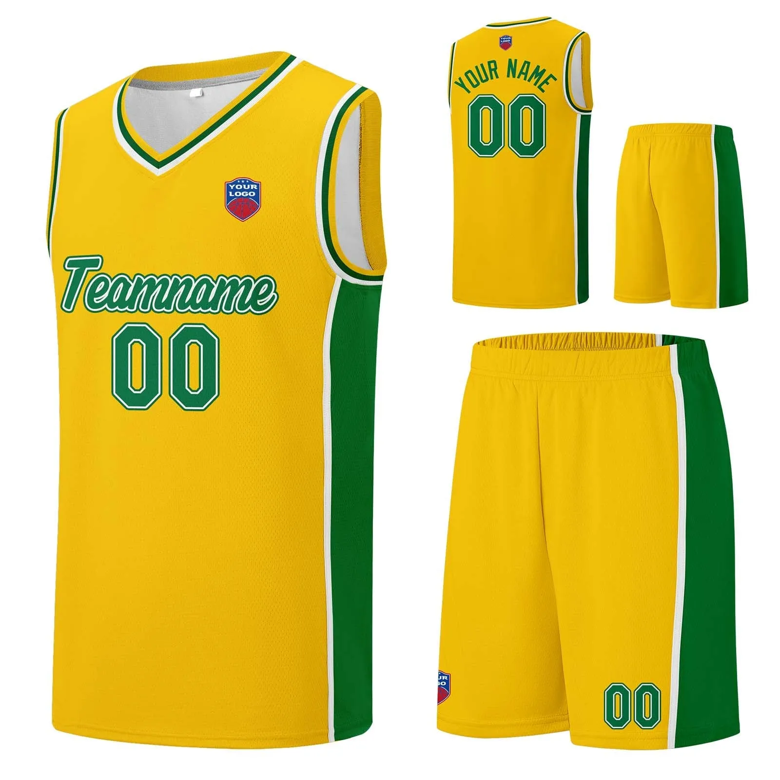 Custom basketball jersey shorts for men and women. Embroidered and printed name, number and logo Yellow&Green