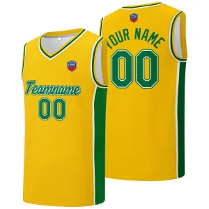 Custom basketball jersey shorts for men and women. Embroidered and printed name, number and logo Yellow&Green