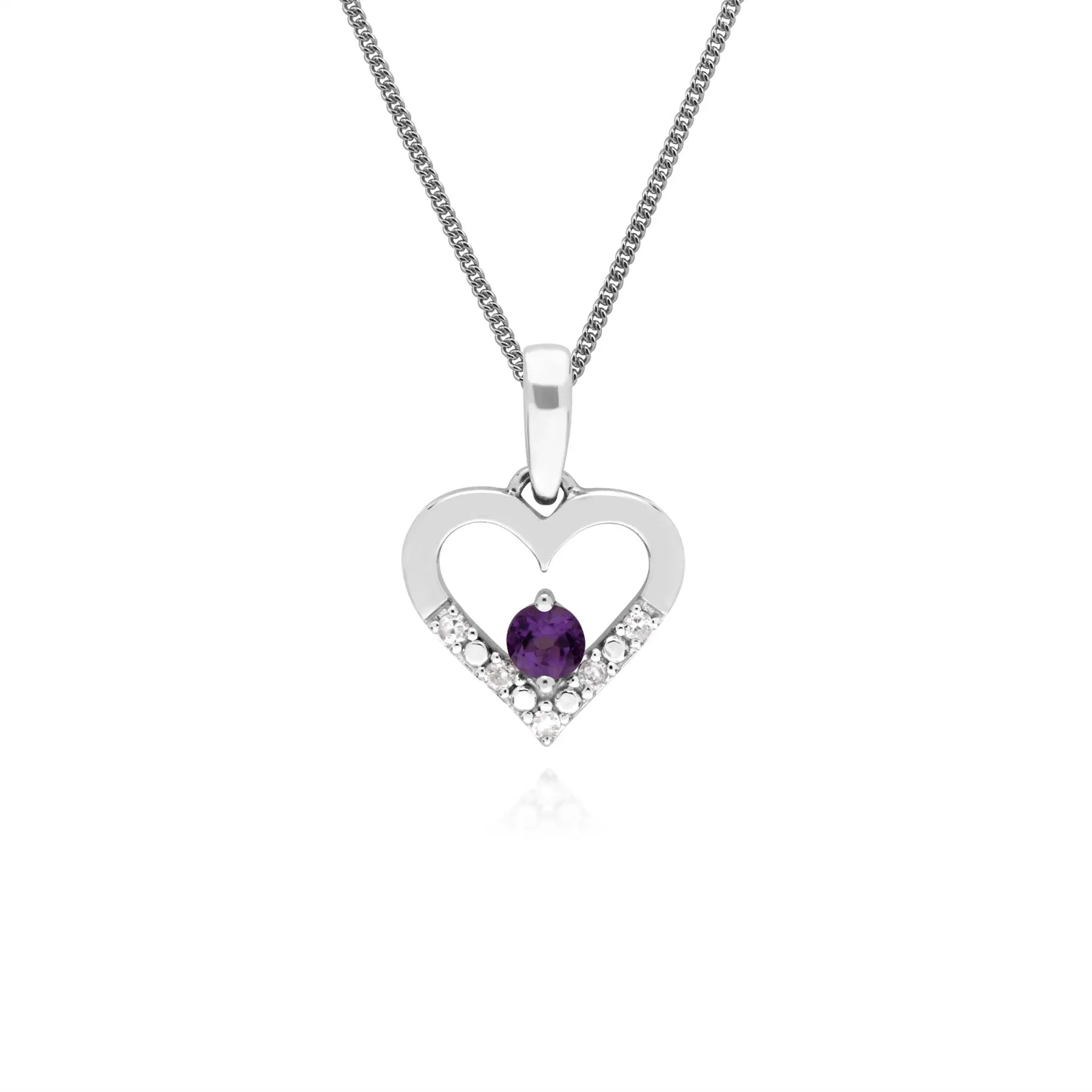 Damen 9 Karat Weiss Gold Einzeln Amethyst & Diamant-Herz-Anhänger an 45cm Kette