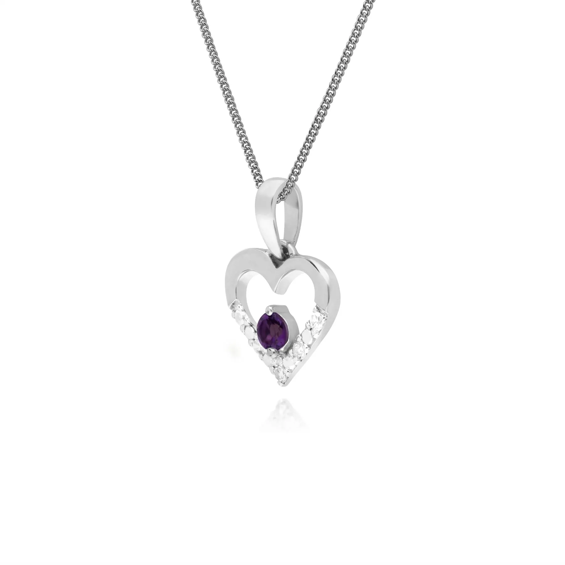 Damen 9 Karat Weiss Gold Einzeln Amethyst & Diamant-Herz-Anhänger an 45cm Kette