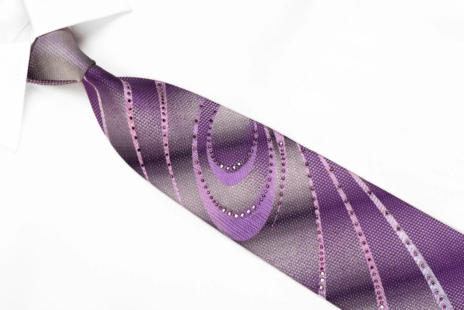 Elle Homme Men's Crystal Silk Necktie Waves On Purple Silver With Sparkles