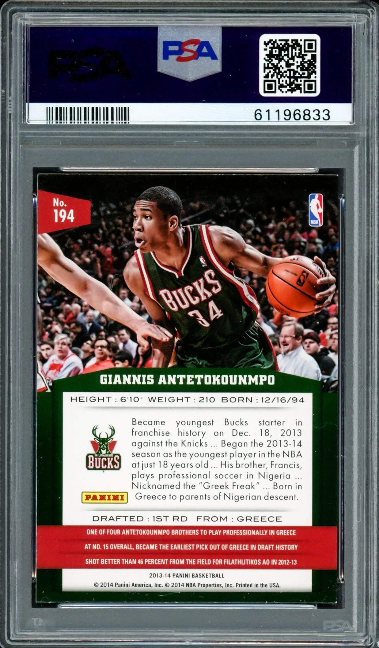 Giannis Antetokounmpo Autographed 2013 Panini Rookie Card #194 Milwaukee Bucks PSA 8 Auto Grade Mint 9 PSA/DNA #61196833