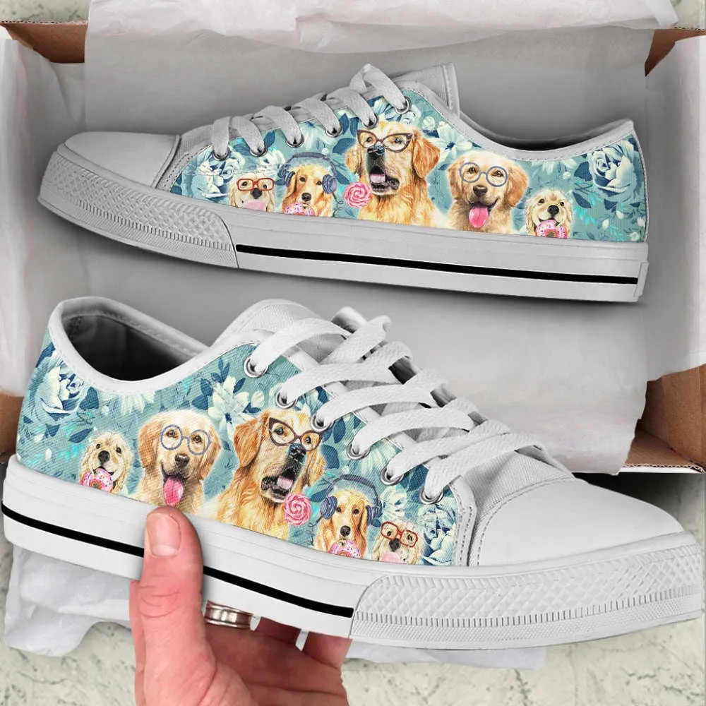 Golden Retriever Dog Flowers Pattern Low Top Shoes Canvas Sneakers, Dog Printed Shoes, Canvas Shoes For Men, Women