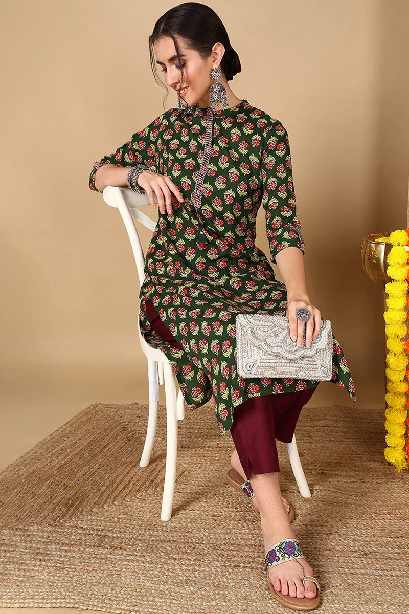 Green Cotton Floral Printed Straight Kurta