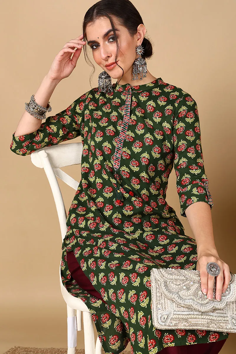 Green Cotton Floral Printed Straight Kurta