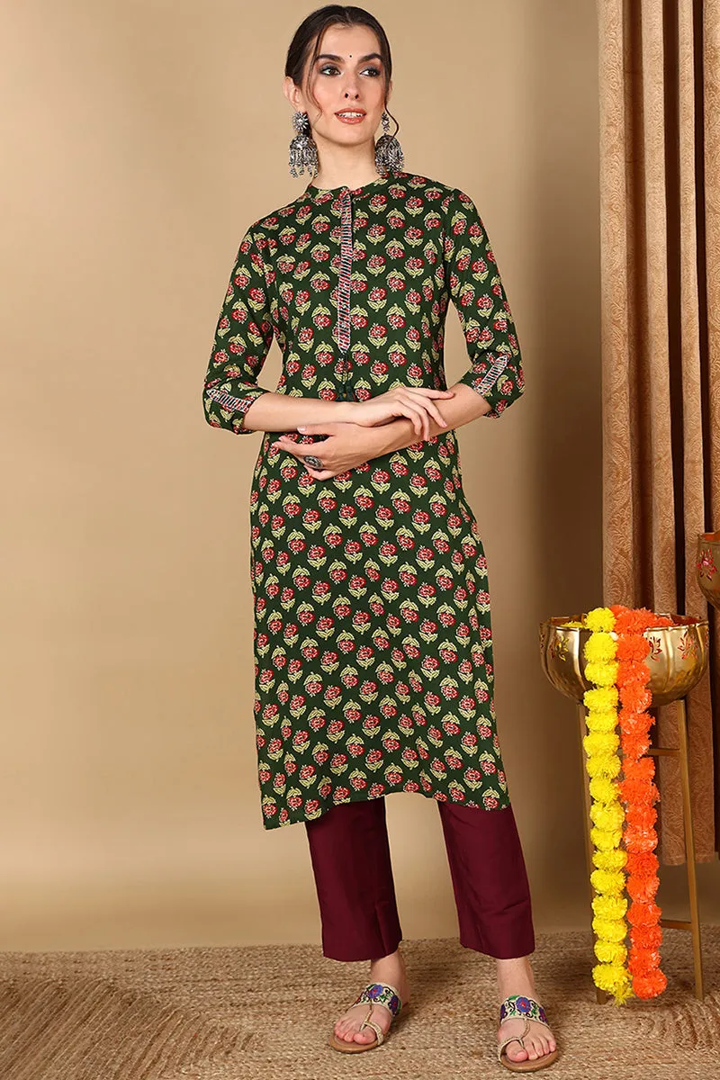 Green Cotton Floral Printed Straight Kurta