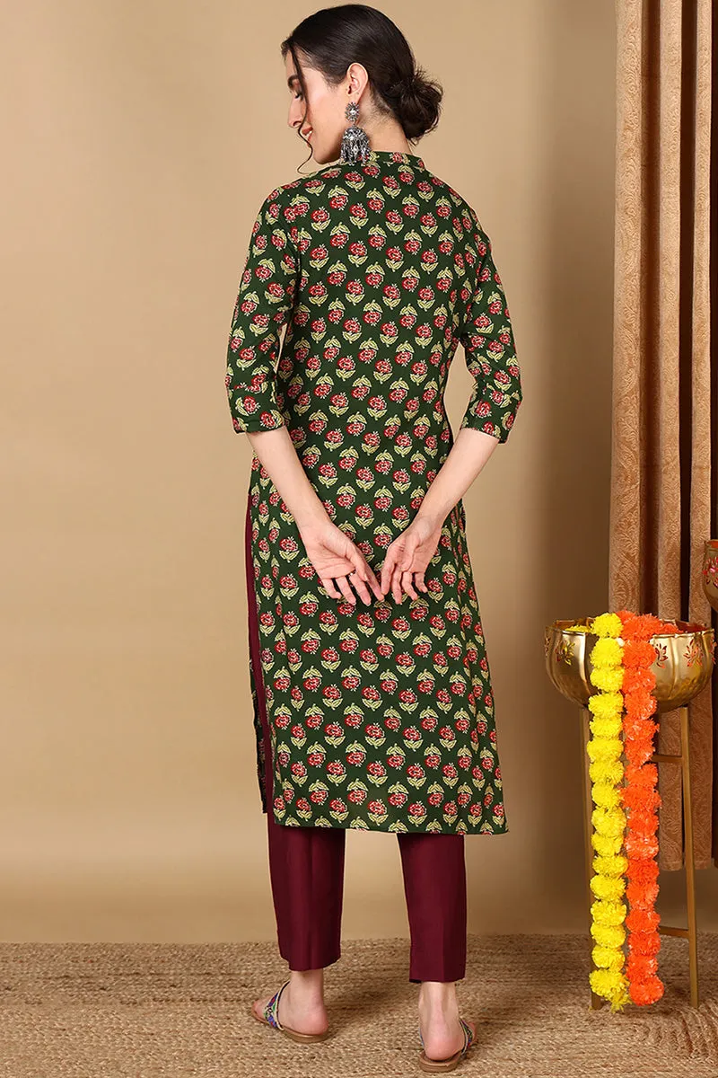 Green Cotton Floral Printed Straight Kurta