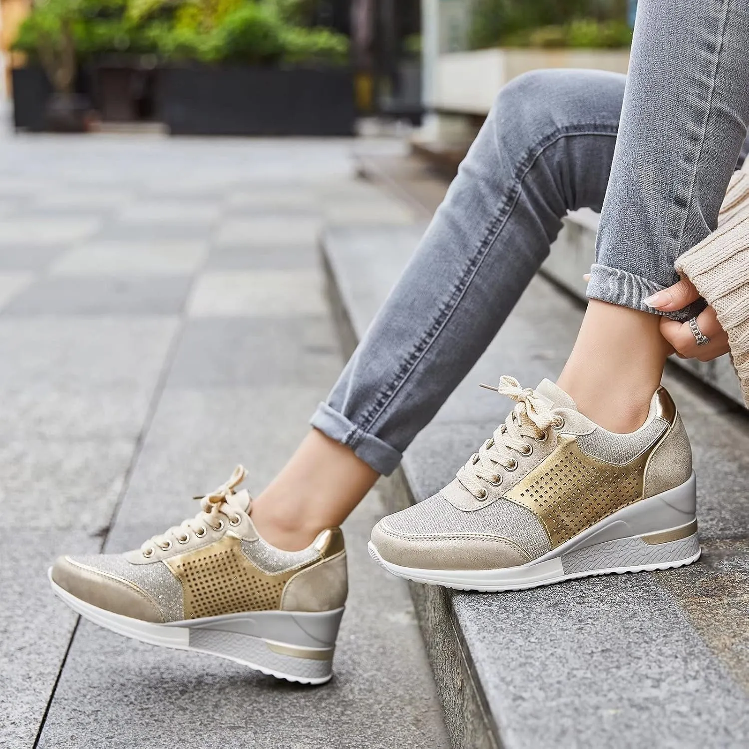 High Heel Wedge Sneakers for Women - Gold Lace up Casual High Heel Shoes Walking Shoes Hidden Sneakers Sz001-Gold-8.5