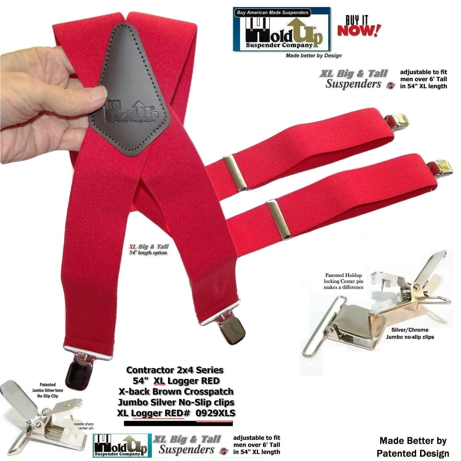 Hold-Ups XL Logger Red Suspenders 2" wide X-back with Patented No-slip Nickel metal clips