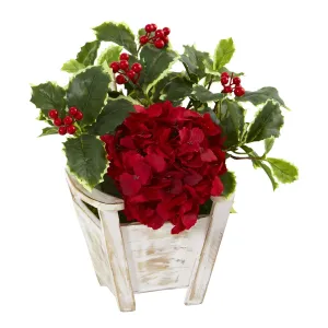 Hydrangea and Holly Leaf Artificial Arrangement in Chair Planter