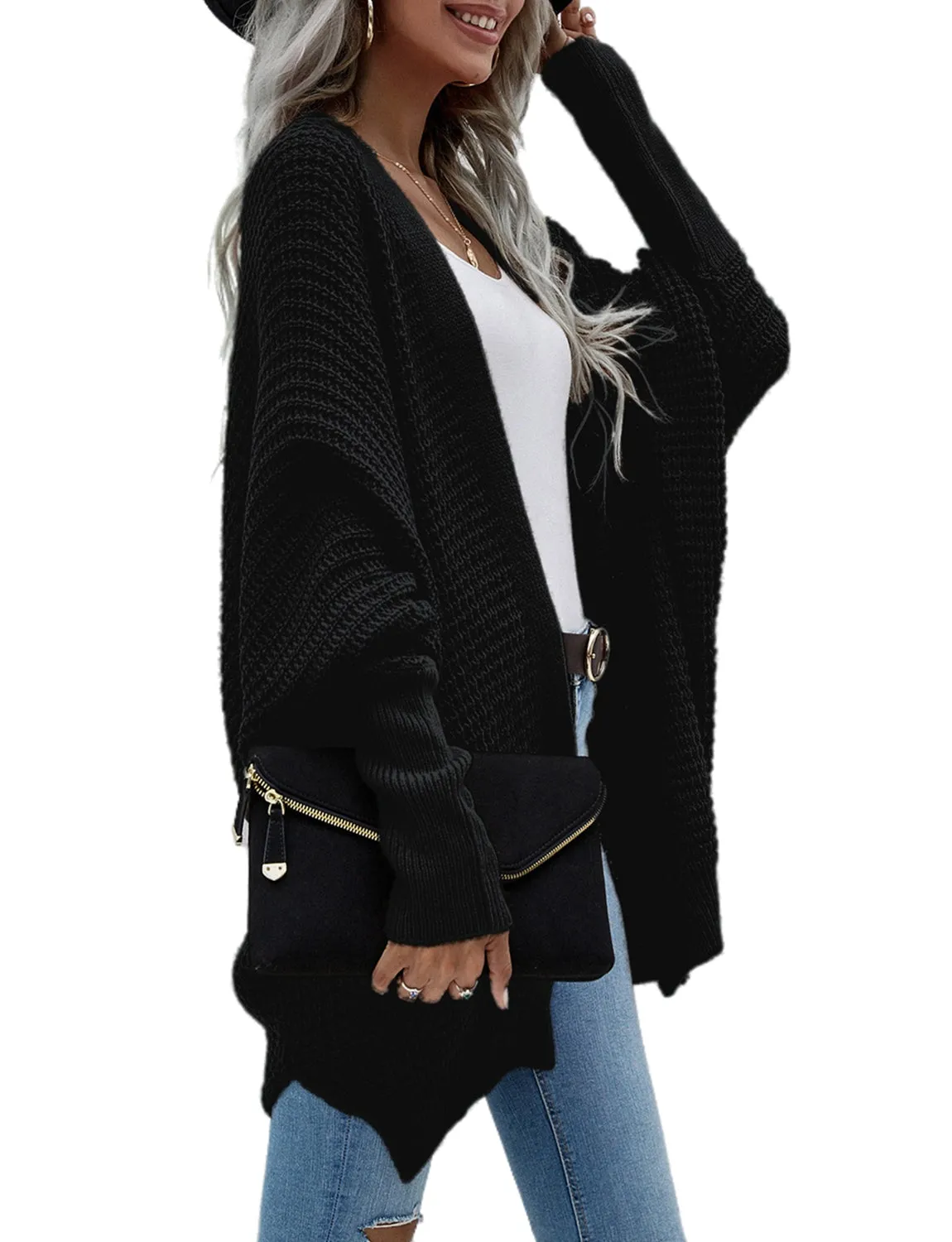 iB-iP Women's Oversize Cardigan Sweater Loose Casual Batwing Sleeves Fashion Top